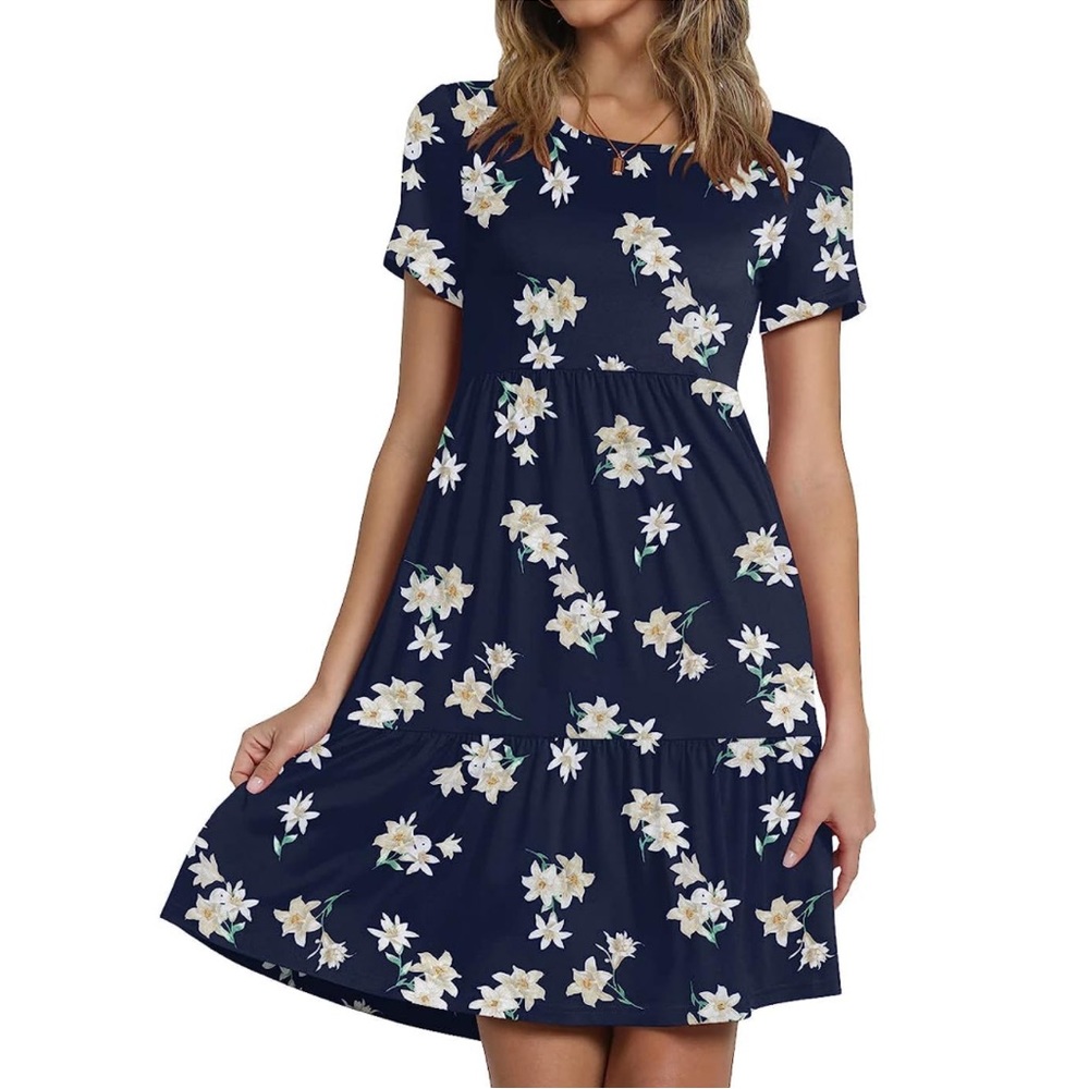 👗Women's Short Sleeve Casual Ruffle Swing Dress w/pockets👗~small 🆕